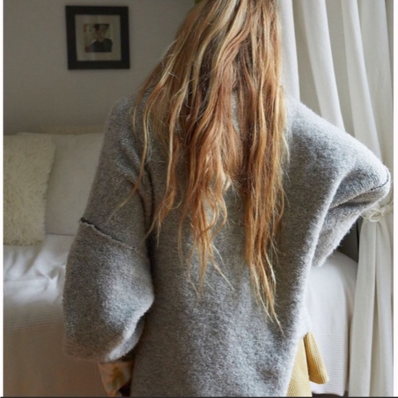 Free People] Grey Rib Fold-over Turtle neck Boucher Oversize Sweater - Picture 3 of 14